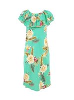 Two Palms Ceres Green Rayon Hawaiian Off Shoulder Pullover Dress
