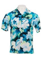 Ky's Splach Hibiscus  Turquoise Rayon Men's Hawaiian Shirt