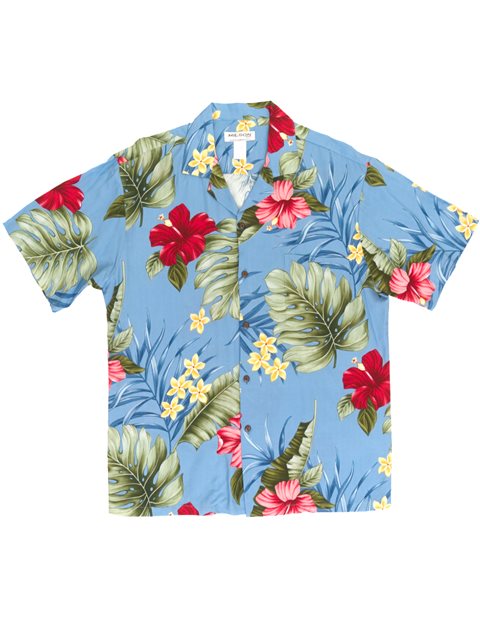 KY'S Classic Hibiscus Blue Rayon Men's Hawaiian Shirt , XL