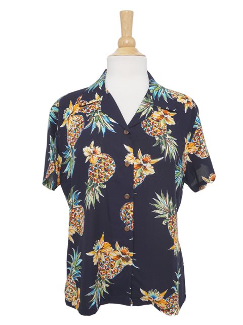 Two Golden Pineapple Navy Rayon Women's Hawaiian | AlohaOutlet