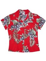 Aloha Republic Premium Orchids Red Cotton Women's Hawaiian Shirt