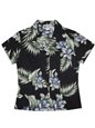Aloha Republic Premium Orchids Black  Cotton Women&#39;s Hawaiian Shirt