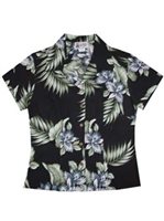 Aloha Republic Premium Orchids Black  Cotton Women's Hawaiian Shirt