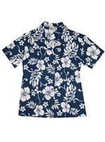 Aloha Republic Hibiscus Party Navy Cotton Women's Hawaiian Shirt