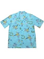 Aloha Republic Ukulele Joy Turquoise Cotton Men's Hawaiian Shirt