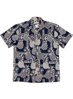 Waimea Casuals Tapa Pineapple Navy Cotton Men's Hawaiian Shirt