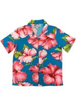 Paradise Found Hibiscus Blossom Blue Rayon Women's Hawaiian Shirt