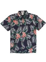 Ky's Plumeria Navy Blue Cotton  Men's Slim Fit Hawaiian Shirt