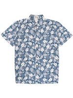 Ky's White Hibiscus Navy Blue Cotton  Men's Slim Fit Hawaiian Shirt