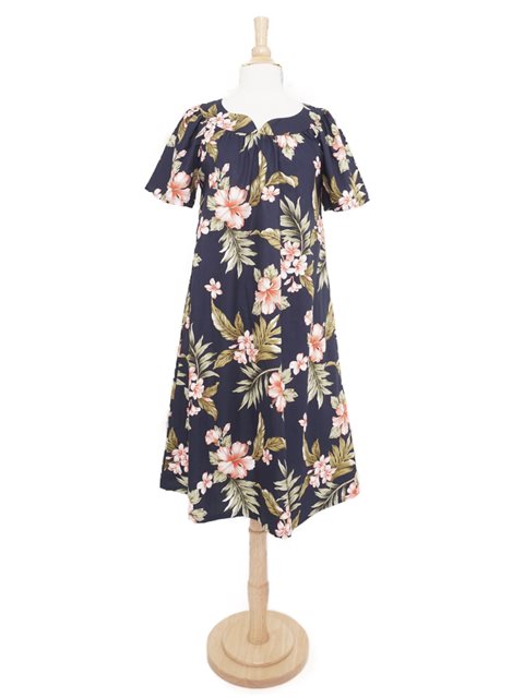 Ky's Plumeria & Hibiscus Navy Cotton Hawaiian Midi Muumuu