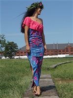 Pacific Islands Art N35 フィジー スパンデックス ロングスカート ドレス [エアータヒチ/ピンク＆ブルー]