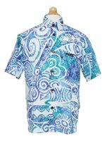 Pacific Islands Art メンズ アロハシャツ [ムーレア/ホワイト & ブルー]