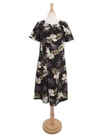 Ky's Classic Orchid Black Cotton Hawaiian Midi Muumuu Dress