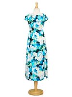 Ky's Watercolor Hibiscus  Blue 100% Rayon  2-Way Shoulder Style long Dress