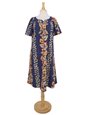 Ky&#39;s Vintage Anthurium Navy Blue Cotton Hawaiian Midi Muumuu Dress