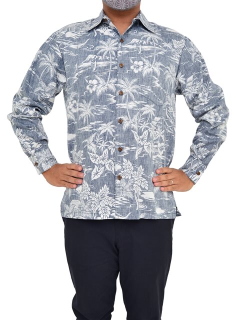 【Aloha Outlet限定】 Anuenue メンズ 裏地長袖アロハシャツ [ラブ シャック/ネイビー/コットン]