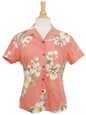 Two Palms Hibiscus Trend Coral Cotton Women&#39;s Hawaiian Shirt
