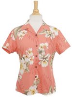 Two Palms Hibiscus Trend Coral Cotton Women's Hawaiian Shirt