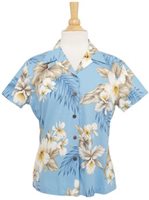 Two Palms Hibiscus Trend Light Blue Cotton Women's Hawaiian Shirt