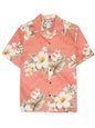 Two Palms Hibiscus Trend Coral Cotton Men&#39;s Open Collar Hawaiian Shirt