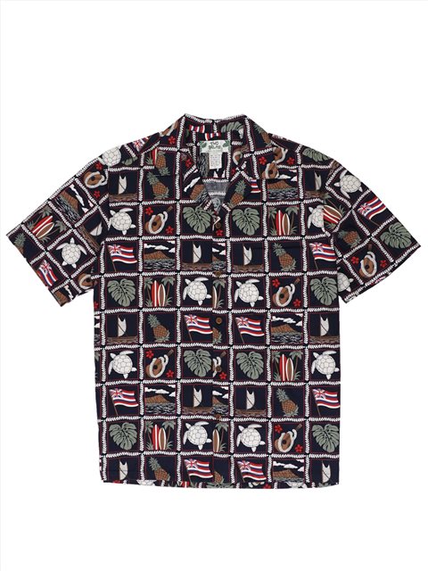 Two Palms Flag Navy Cotton Men's Open Collar Hawaiian Shirt , L