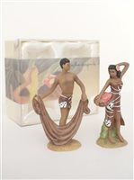 Boy with Net & Lady with Fish Basket Fine Porcelain Hawaiian Miniature Ceramic Figurine Set