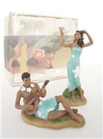 Ukulele Boy & Woman in Sarong Fine Porcelain Hawaiian Miniature Ceramic Figurine Set