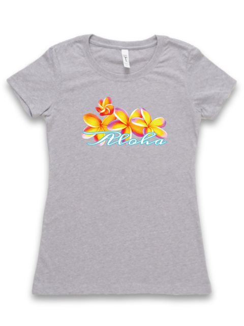 【色が選べる】 Honi Pua レディースハワイアンUネックTシャツ [プルメリア＆アロハ]