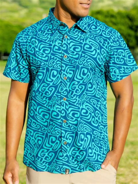 Blue Polynesian Hawaiian Shirt Aloha Button Down Shirt 