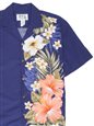 Ky&#39;s Orange Aloalo Flower Navy Cotton Poplin Men&#39;s Hawaiian Shirt