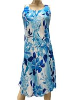 Paradise Found Watercolor Hibiscus Blue Rayon Hawaiian A-Line Tank Short Dress