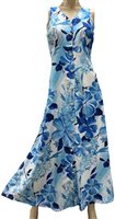 Paradise Found Watercolor Hibiscus  Blue Rayon Hawaiian Long Dress