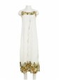 Royal Hawaiian Creations Hibiscus/Monstera border White Rayon Hawaiian Long Column Slit Dress