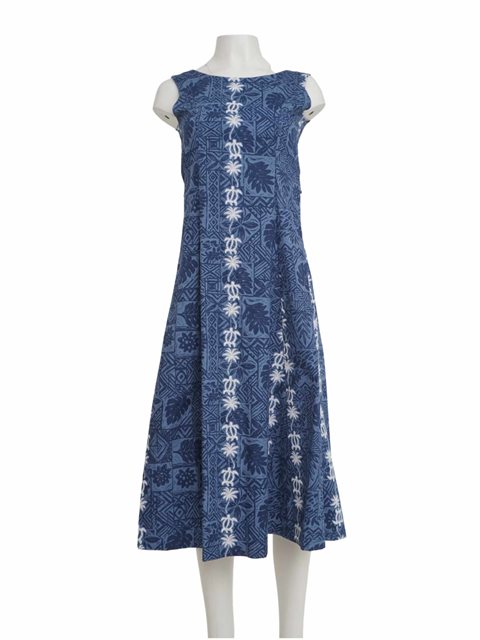 Royal Hawaiian Creations ハワイアンシルビアロングノースリーブドレス [ホヌ＆パーム/ブルー/コットン]
