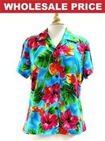 [Wholesale] Two Palms Hibiscus Watercolor  Blue Rayon Women's Hawaiian Shirt
