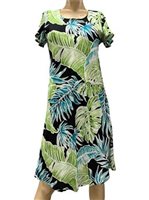 Paradise Found Cabana Palms Black Rayon A-Line Dress with Cap Sleeves