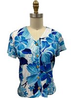 Paradise Found WATERCOLOR HIBISCUS Blue Rayon Women's V-neck Blouse