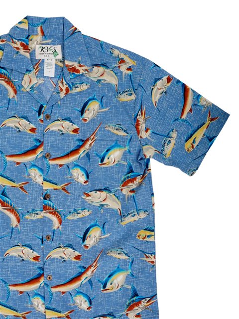 KY'S Hawaiian Fish Blue Cotton Poplin Men's Hawaiian Shirt , S