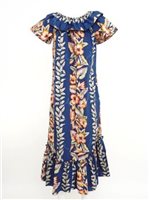 Ky's Vintage Anthurium Navy Cotton HawaiianLong Muumuu Dress