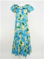 Ky's Ohana Island Turquoise Cotton HawaiianLong Muumuu Dress