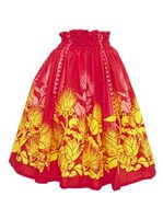 Anuenue (Pau) Lehua Red Poly Cotton Single Pau Skirt / 3 Bands