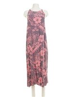 Napua Collection Honolulu Hibiscus & Farn Pink & Gray Rayon Racer Back O ring Maxi Dress