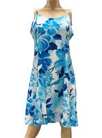 Paradise Found Watercolor Hibiscus Blue Rayon Hawaiian Slip Short Dress