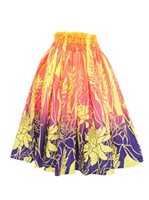 Anuenue (Pau) Ginger Lily & Ti Leaf Border Yellow & Purple Poly Cotton Single Pau Skirt / 3 Bands