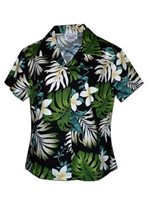 Pacific Legend Plumeria & Monstera Black Cotton Pacific Legend / PALED Plumeria & Monstera Black Cotton Women's Fitted Hawaiian Shirt