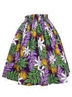 Anuenue (Pau) Tiare, Lehua with Lauae & Fern Leaves Purple Poly Cotton Single Pau Skirt / 3 Bands