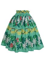 Anuenue (Pau) Flowers & Leaves Border Mint Poly Cotton Single Pau Skirt / 3 Bands