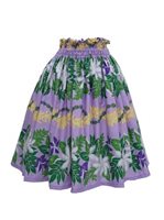 Anuenue (Pau) Flowers & Leaves Border Lavender Poly Cotton Single Pau Skirt / 3 Bands