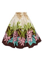 Anuenue (Pau) Plumeria & Palm Leaf Border Brown & Beige Poly Cotton Single Pau Skirt / 3 Bands