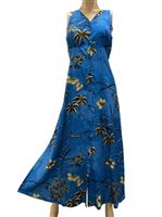 Paradise Found Vintage Oasis Palm Blue Rayon Hawaiian Long Dress